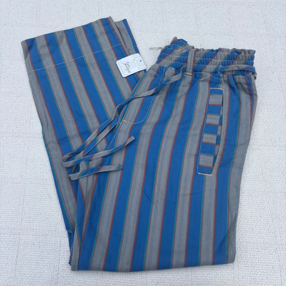 Women's XS FREE PEOPLE Marielle Stripe Cotton Drawstring Pull-On Pants Sapphire